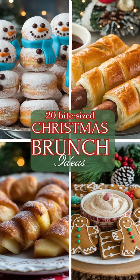 Festive Christmas brunch ideas collage with donut snowmen, pastry-wrapped sausages, apple pastries, and gingerbread cookies with dip. Warm holiday ambiance. Appetizer For Breakfast, Host A Breakfast Party, Brunch Idea For A Crowd, Brunch Ideas To Bring, Breakfast Themed Christmas Party, Christmas Brunch Snack Ideas, Christmas Breakfast For 2 People, Brunch Foods For Christmas, Non Egg Brunch Ideas