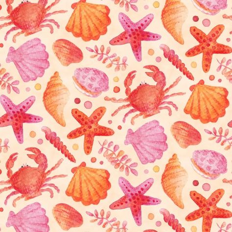 Seashore Gems This is my entry for the ongoing spoonflower challenge! Beach themed 🐚 . . . #spoonflower #spoonflowerchallenge #redbubble #redbubbleartist #spoonflowerartist #beach #ocean #beachcombing #shells #seashells #pink #orange #red #cherryred #peach #watercolor #handpainted #paint #art #designchallenge #patterndesign #pattern #starfish #seaside #seashore #milamoo #watercolorillustration #crab #coral #oceanjewels Coral Beach Aesthetic, Pink Beach Widget, Pink And Orange Beach Aesthetic, Better Canvas Themes, Coral Widgets, Seashells Painting, Starfish Illustration, Seashell Watercolor, Starfish Watercolor