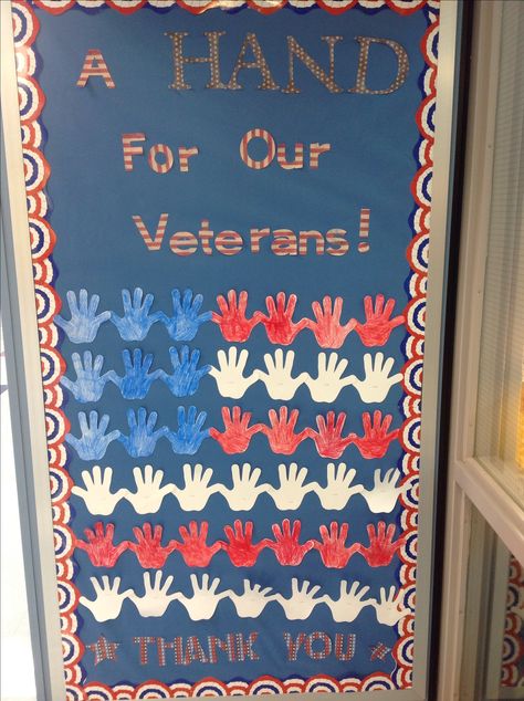 Veterans Day Bulletin Board - A Hand For Our Veterans! Thank You Rainforest Layers, Veterans Day Bulletin Board, Snowman Math, Classroom Door Ideas, November Bulletin Boards, Veterans Day Celebration, Fictional Stories, Veterans Day Thank You, Veterans Day Activities