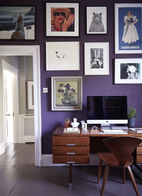 A workspace with a beautiful teak desk, bright purple painted walls & eclectic wall gallery Purple Wall Paint, Studio In Casa, Modern Georgian, Purple Office, Georgian Style Homes, Office Themes, Living Etc, Study Ideas, Interiors Magazine