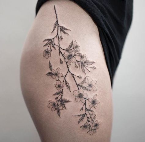 Cherry Tree Tattoos, Tree Branch Tattoo, Cherry Blossom Tree Tattoo, Esther Garcia, Blossom Tree Tattoo, Tattoo Hip, Branch Tattoo, Tree Tattoo Designs, Blossom Tattoo