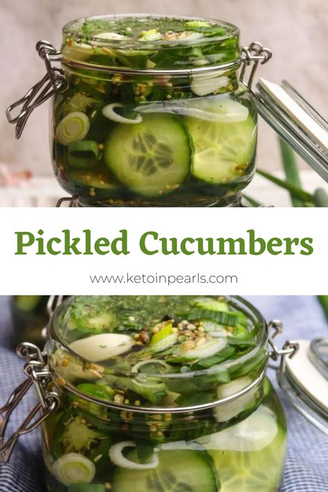 "Create your own flavorful delights with our Pickled Cucumbers Recipe! Transform fresh cucumbers into tangy, crunchy pickles right at home. It's the perfect accompaniment to any meal or a tasty snack. Dive into the world of pickling with our easy-to-follow recipe! Swedish Cucumbers, Pickle Charcuterie Board, Eggs Crockpot, How To Pickle Cucumbers, Chicken Alfredo Dip, Loaded Deviled Eggs, Pickled Cucumber Recipe, Alfredo Dip, Pickle Cucumbers