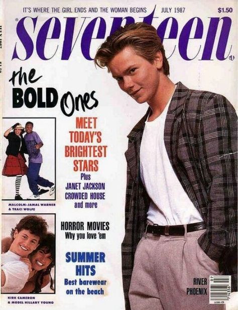 River Phoenix on the cover of Seventeen Seventeen Magazine Covers, Kirk Cameron, River Phoenix, Movie Magazine, Teen Magazine, Seventeen Magazine, Janet Jackson, A Magazine, Bright Stars