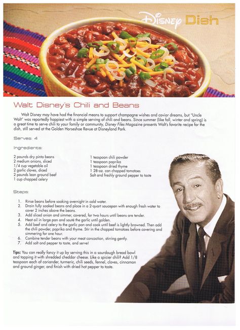 Chili and Beans Cooking Quinoa, Disney Dishes, Favorite Chili Recipe, Celebrity Recipes, Chilli Recipes, Copycat Restaurant Recipes, Famous Recipe, Vintage Cooking, Star Food