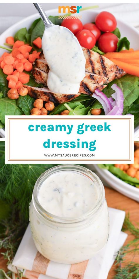 Creamy Greek Dressing combines the tartness of Greek yogurt with the bright zing of fresh lemon juice and the richness of olive oil! Greek Dressing Recipe Creamy, Creamy Greek Salad Dressing, Creamy Greek Dressing, Greek Dressing Recipe, Savory Potato Salad, Greek Yogurt Dressing, White Bbq Sauce, Creamy Pesto Sauce, Greek Dressing