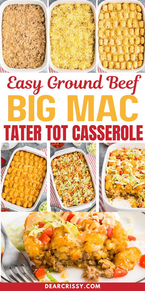 Easy Ground Beef Big Mac Tater Tot Casserole is a crowd-pleasing dinner recipe. This McDonalds Inspired Big Mac Casserole combines seasoned beef, melted cheese, and crispy tater tots for a comforting twist on a classic favorite. Perfect for busy families, this recipe is quick to prepare and packed with flavors everyone will love. Serve with fresh lettuce and tomatoes for a delightful finish. Big Mac Casserole With Tater Tots, Burger Tater Tot Casserole, Tater Tot Casserole With Ground Beef Easy, Tater Tot Casserole Ground Beef, Big Mac Tater Tot Casserole, Sloppy Joe Tater Tot Casserole, Big Mac Casserole, Casserole Crockpot Recipes, Cheeseburger Tater Tot Casserole