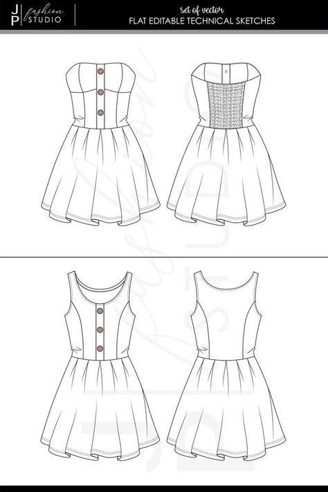 Flat Sketch Of Dress, Flat Sketches Dress Front And Back, Mini Dress Sketch, Dresses Flat Sketch, Flat Pattern Fashion, Flat Sketches Dress, Dress Flat Sketch, Flat Sketches Fashion, Hotel Chevalier