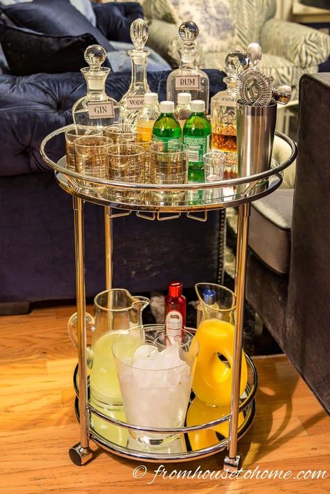 How To Style A Bar Cart, Style A Bar Cart, Rim Salt, Round Bar Cart, Gold Champagne Flutes, Margarita Bar, Staging Ideas, Wine Ice Bucket, Set It Up