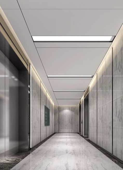 Join us to the world of luxury with modern furniture and lighting ! Get the best lighting for your hotel reception project at brabbucontract.com Lift Lobby Design, Lift Lobby, Office Ceiling, Elevator Lobby, Hotel Corridor, Corridor Design, Elevator Design, Hospital Interior, Casa Country