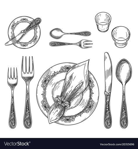 Table Setting Drawing, Knife Sketch, Setting Drawing, Basic Table Setting, Table Sketch, Restaurant Table Setting, Plate Drawing, Knife Drawing, Fork And Knife