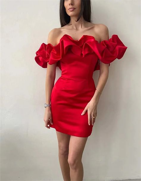 Women‘s Semi Formal Party Dress Wedding Guest Dress Corset Dress Cocktail Dress Mini Dress Black White Red Sleeveless Pure Color Ruched Spring Summer Off Shoulder Fashion Slim 2023 XS S M L XL 2023 - US $49.99 Evening Mini Dresses, Dress Sleeve Styles, Estilo Chic, Mini Robes, Strapless Mini Dress, Red Mini Dress, Club Dresses, Satin Dresses, Ruffle Dress