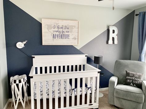 Rocco’s Grey and navy blue nursery. #monochromatic #halenavybybenjaminmoore #blackandwhite #simplenursery Kashton Nursery, Nursery With Navy Accents, Navy Themed Nursery, Nursery Navy Accent Wall, Grey White And Blue Nursery, Navy Grey Nursery, Grey And Blue Nursery Ideas, Navy Blue And White Nursery, Navy And Gray Nursery