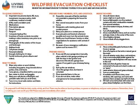 Wildfire evacuation checklist. Fire Evacuation Checklist, Wildfire Evacuation, Evacuation Checklist, Evacuation Bag, Emergency Preparedness Binder, University Of Nevada Reno, Storm Shelter, Emergency Preparedness Kit, Emergency Evacuation