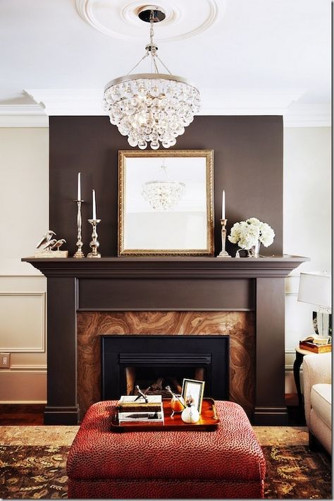 Bling lighting among chocolate contrast of fireplace<3: Chandelier, Design Fireplaces, Livingroom Brown Fireplace, Painted Fireplace Mantels, Painted Mantle, Fireplace Trim, Fireplace Feature Wall, Paint Fireplace, Tiny Apartments, Fireplace Ideas, Fireplace Wall