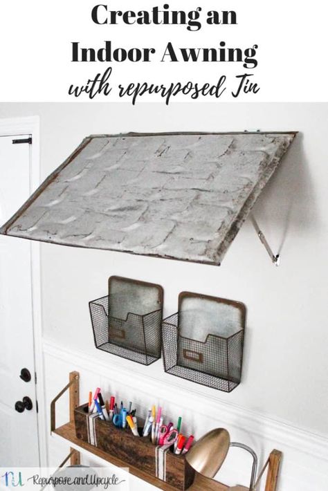 How to Make an Indoor Awning with Repurposed Roofing Tin Tin Awning, Indoor Awnings, Kids Homework Station, Upcycle Home, Homework Space, Bahama Shutters, Diy Awning, Homework Station, Decorating 101