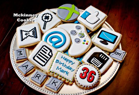 Computer Cookies Decorated, Video Game Cookies, Computer Cookies, Happy Birthday Mark, Computer Cake, Office Meals, Sugar Biscuits, Computer Video, Cookies Theme