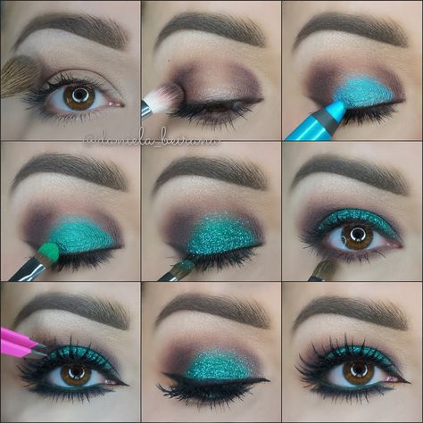 Brown And Turquoise Eye Makeup, Aqua Blue Eye Makeup, Aqua Eye Makeup, Turquoise Makeup Looks For Brown Eyes, Aqua Blue Makeup, Turquoise Eye Makeup, Eye Makeup Glitter, Revolution Eyeshadow, Turquoise Eyes