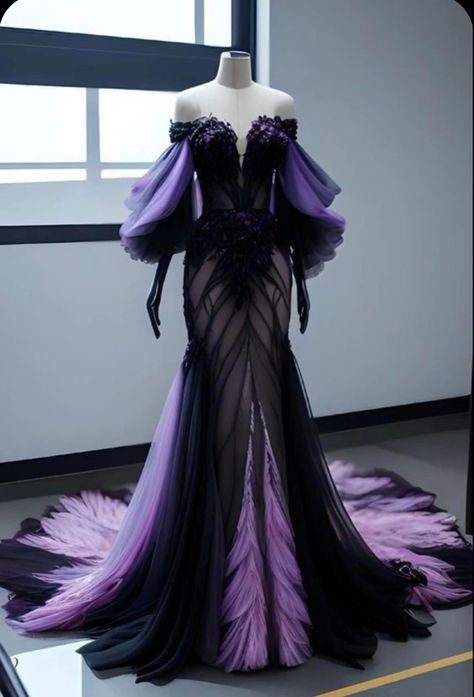 Purple And Red Wedding Dress, Fancy Purple Dresses, Masquerade Wedding Dress, Masquerade Ball Gowns Purple, Purple And Black Gown, Purple And Black Wedding Dress, Purple Aesthetic Clothes, Indigo Wedding Dress, Mythical Dresses