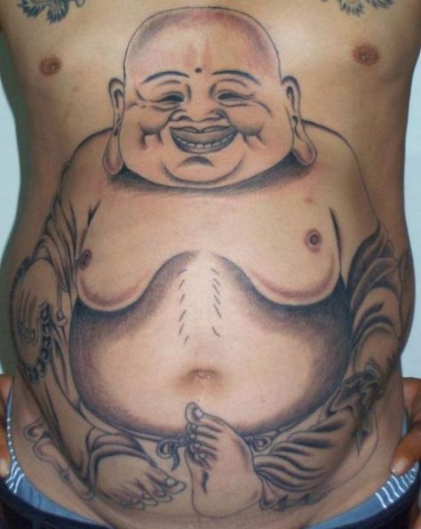 Happy Buddha Tattoo Ideas Religious, Tattoes Idea, Religious Tattoo Design, Laughing Buddha Tattoo, Buddhist Tattoos, Religious Tattoo Sleeves, Buddhist Symbol Tattoos, Awful Tattoos, Buddhist Tattoo