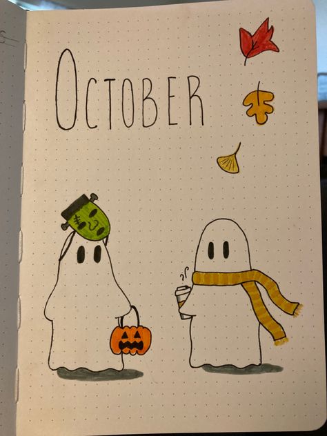 Cute October Drawings, October Month Journal, October Doodles Easy, October Bulletin Journal Ideas, Ghost Bullet Journal, October Bullet Journal Cover Ideas, October Journal Cover, Ghosts Doodle, October Drawings