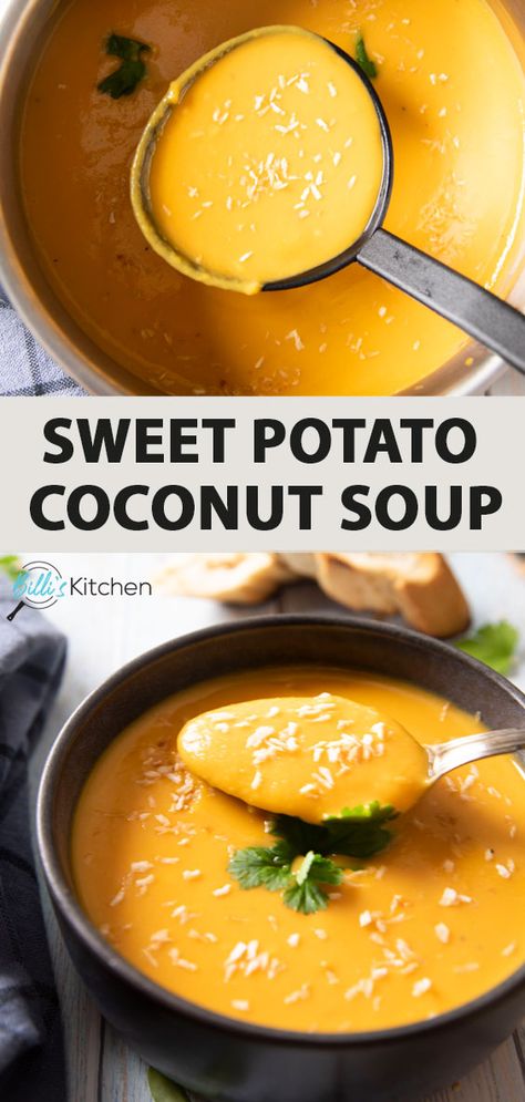 Treat yourself to a bowl of comfort with a serving of this Sweet Potato Coconut Soup. A perfect balance of creamy, earthy, and sweet in every spoonful. Excellent as an appetizer or as a light meal on its own! Yum! Yam Soup Recipe, Sweet Potato Coconut Milk, Healthy Detox Soup, Coconut Soup Recipes, Milk Soup, Sweet Potato Soup Recipes, Coconut Milk Soup, Japanese Sweet Potato, Coconut Soup