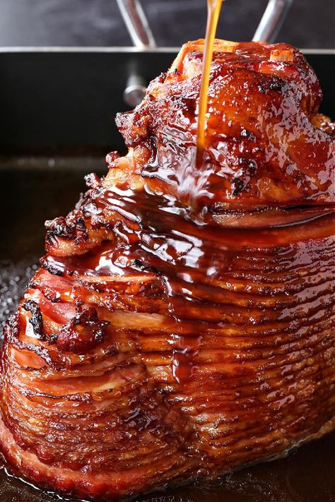 Bourbon Glazed Ham is a holiday favorite! A sweet caramelized glaze paired with the smoky taste of bourbon baked into layers of tender ham. Bourbon Ham Glaze, Ham Glazes, Glaze Ham, Bourbon Glazed Ham, Easy Ham Recipes, Apple Bourbon, Ham Glaze Recipe, Easter Ham, Bourbon Glaze