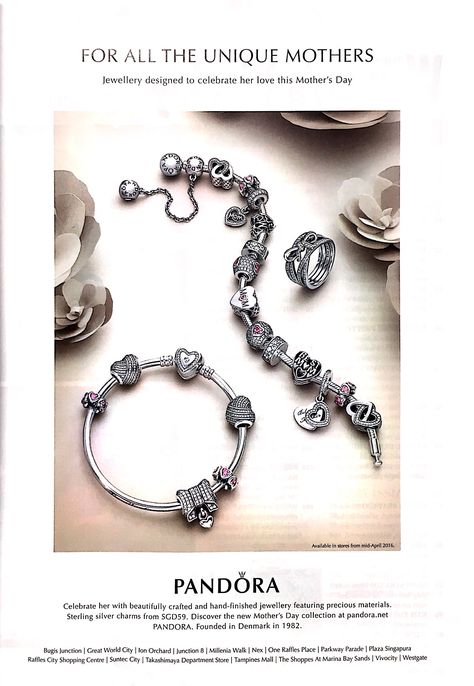 This Pandora advertisement showcases Alignment. The groups of text at the top and bottom of the advertisement are centrally aligned, along with the image of the bracelets and ring. Mother Jewelry, Principles Of Design, New Mothers, At The Top, Print Ads, Sterling Silver Charm, Mens Bracelet, The Top, Love Her