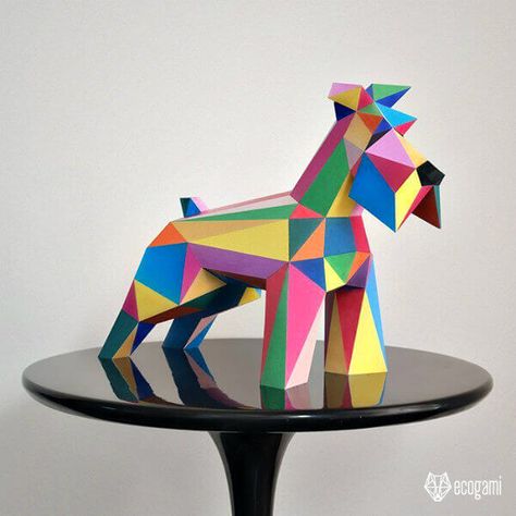 This printable schnauzer model is made of folded paper from an Ecogami template and then painted, as seen in a feature post about folded paper sculptures. Papercraft Printable, Origami 3d, Miniature Dogs, 3d Craft, Papercraft Templates, Deco Originale, Paper Glue, Small Sculptures, 3d Puzzles