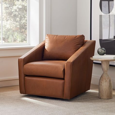 Tessa Deco Leather Swivel Chair | West Elm Swivel Leather Chair, West Elm Living Room Ideas, Den Fireplace, Saddle Leather Chair, Leather Barrel Chair, Work Lounge, Modern Leather Chair, Bourbon Room, Cape Charles