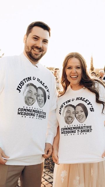 We wanted to still throw SOMETHING so I jokingly said tshirt toss!!! Quickly we realized that was actually the best idea and we had to do it! Shoutout to all my bridesmaids who literally fought TOOTH AND NAIL for these tshirts!!! It was easily the best part of reception, something that all our guests were talking about afterwards! I highly recommend! Comment down below something untraditional you did at your wedding! Tshirt Wedding Favors, T Shirt Toss At Wedding, T Shirt Toss Wedding, Wedding Merch Tshirt, Wedding T Shirt Toss, Tshirt Toss Wedding, Wedding Tshirt For Guests, Wedding Shirts For Guests, Wedding T Shirts For Guests