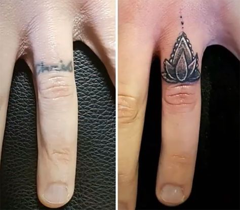 Ring Tattoo Cover Up, Ring Finger Flower Tattoo, Cover Finger Tattoo, Ring Cover Up Tattoo, Cover Up Ring Finger Tattoos, Black Out Finger Tattoo, Ring Finger Cover Up Tattoo, Coverup Finger Tattoo, Cover Up Finger Tattoos For Women