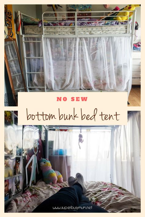 A simple no-sew bottom bunk bed tent! https://superbusymum.net/a-simple-no-sew-bottom-bunk-bed-tent/ Loft Bed Curtains Diy, Bottom Bunk Bed Decorating Ideas, Bottom Bunk Ideas, Bunk Bed Curtain Ideas, Bunk Bed Curtains Diy, Bottom Bunk Curtain, Bunk Bed Fort, Bunkbed Ideas, Bunk Bed Curtain