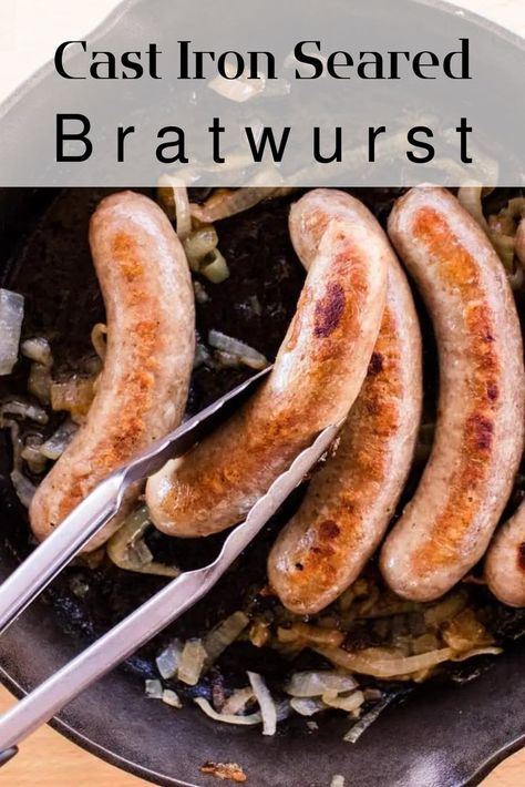 Stovetop cast iron seared bratwursts with onions served in cast iron skillet Stove Top Bratwurst, Cook Brats On Stove, Brats In Cast Iron Skillet, Stovetop Brats, Brats On Stove Top, Best Way To Cook Brats, How To Cook Brats On The Stove, Cooking Brats On Stove, Brats On The Stove