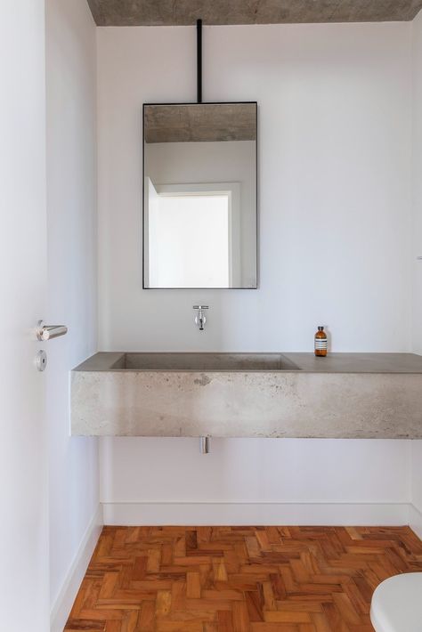 Gallery of Concrete Countertops: Brutalism in the Bathroom - 2 Concrete Bathrooms, Concrete Sink Bathroom, Concrete Bathroom Vanity, Speakeasy Basement, Kitchen Colors Schemes, Brutalist House, Rustic Farmhouse Interior, Bathrooms Contemporary, Arch Bathroom