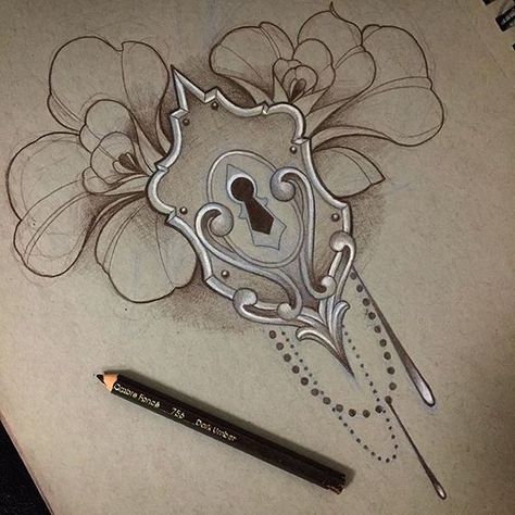 Maybe keyhole as center of chest piece? Keyhole Tattoo, Lock Tattoo, Tattoo Painting, Key Tattoos, Key Tattoo, Kunst Tattoos, Sternum Tattoo, Flowers Tattoo, Desenho Tattoo