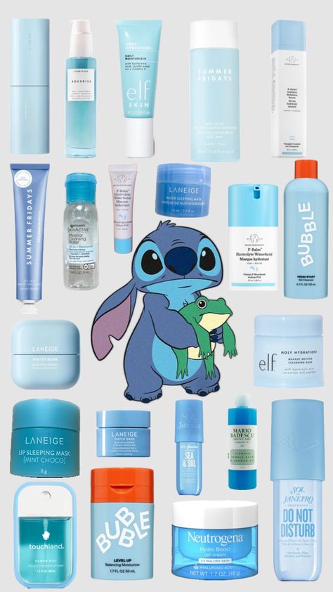 Hey guys this is skincare inspired by stitch! Electrolyte Water, Micellar Cleansing Water, Water Cleanse, Summer Fridays, Daily Moisturizer, Sleep Mask, The Balm, Bubbles, Moisturizer