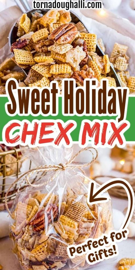 There is nothing like a grabbable snack during the holidays and this Sweet Holiday Chex Mix from Tornadough Alli is just what you need. This recipe is fun to make, and minimal ingredients help it come together fast! This quick and easy recipe is also great for gift giving. Nuts And Bolts Recipe, Easy Holiday Snacks, Homemade Chex Mix Recipe, Christmas Snack Mix, Sweet Chex Mix, Sweet Chex, Chex Mix Christmas, Homemade Chex Mix, Chex Mix Recipe