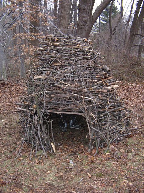 Summer Stick Fort by jhnwllr, via Flickr Stick Shelter, Woods Hangout Spot, Stick Fort, Wood Teepee, Shelters In The Woods, Outdoor Forts, Backyard Fort, Bushcraft Shelter, Kids Forts