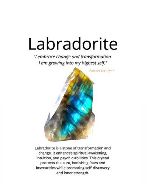 Labradorite 💎 ~ Labradorite is a fascinating gemstone with some unique characteristics. Here are some cool facts about it! Labradorescence: Labradorite is famous for its stunning optical effect called labradorescence. This phenomenon causes the stone to display a mesmerizing play of colors, often including blues, greens, and golds. Feldspar Family: Labradorite belongs to the feldspar mineral family, which makes up over 50% of the Earth’s crust. Other well-known gemstones in this family in... Feldspar Mineral, Cool Facts, Embrace Change, Unique Characteristics, Psychic Abilities, Mala Beads, Of The Earth, Inner Strength, Spiritual Awakening