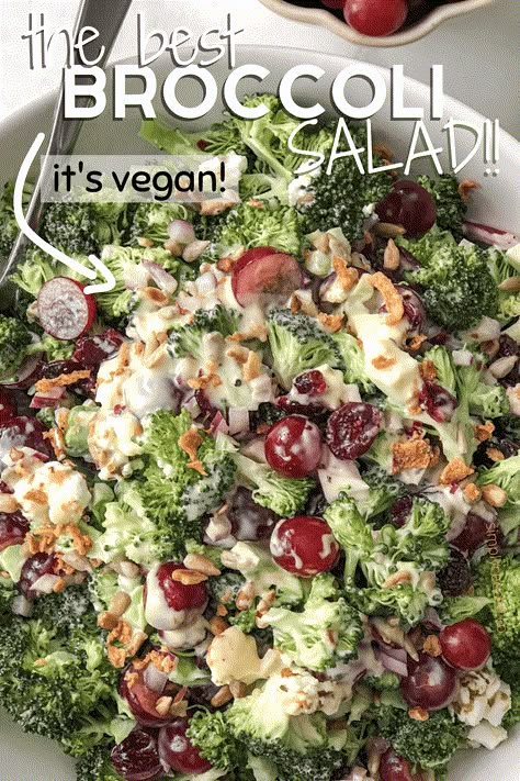 This vegan broccoli salad recipe is a super flavorful, quick and easy, gluten-free, dairy-free, oil-free, low carb, vegan salad perfect for summer cookouts. #dairyfree #keto #healthyvegan #cookout #broccoli #salad Cold Broccoli Recipes, Best Broccoli Salad, Vegan Broccoli Salad, Dairy Free Dressing, The Best Broccoli, Dairy Free Salads, Vegan Broccoli, Raw Broccoli, Gluten Free Salads