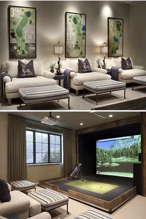 Home Theater Golf Simulator, Golf Simulation Room, High End Basement Ideas, Golf Simulator Room Design Garage, Home Golf Simulator Room, Basement Golf Simulator, Golf Simulator Basement, Indoor Golf Room, Golf Basement