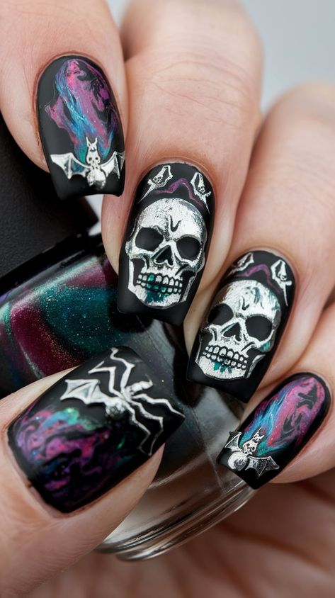 Embrace your dark side with these gothic glam Halloween nail designs. Perfect for Halloween parties or any time you want to add a touch of mystery and intrigue. Skull Nail Designs, Daisy Acrylic Nails, Embrace Your Dark Side, Glam Halloween, Skull Nails, Gothic Glam, Halloween Nail Designs, Halloween Nail, Halloween Nail Art