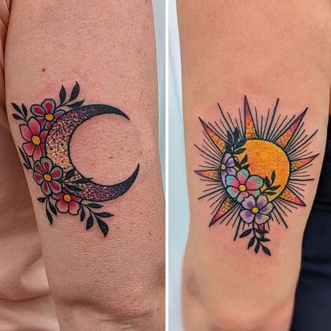 Mom And Stars Tattoo, Moon Ans Sun Tattoo Designs, Sun Moon Bff Tattoos, Intricate Sun And Moon Tattoo, Halloween Friendship Tattoos, Sun And Moon Tattoo With Color, Mother Daughter Sun Moon Tattoos, Mexican Matching Tattoos, Sunshine And Moon Tattoo