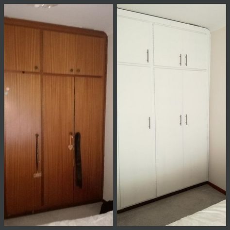 Painted Built In Wardrobes Bedroom, Painted Cupboards Bedroom, Cupboard Door Makeover, Painted Built In Cupboards, White Painted Cupboards, Painting Bedroom Cupboards, Built In Wardrobe Renovation, Wardrobe Revamp Furniture, Wardrobe Recycle Ideas