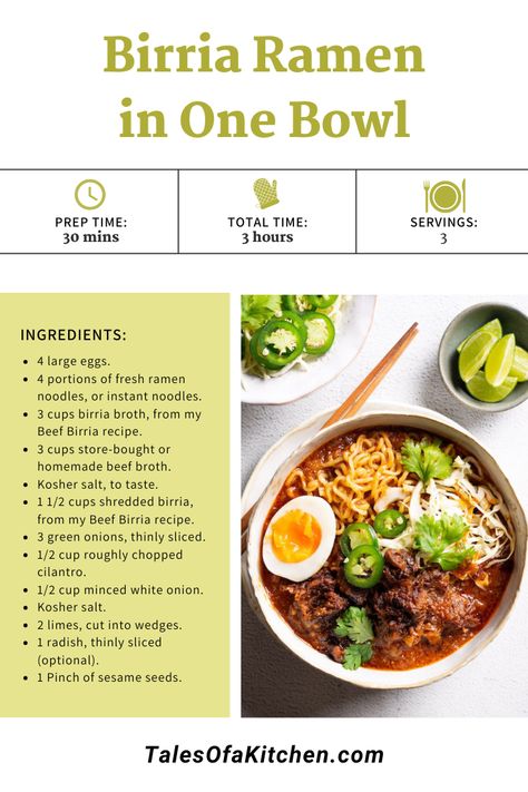 Savor the rich flavors of birria ramen with this easy recipe from Tales Of A Kitchen. A perfect fusion of Mexican birria and ramen, creating a savory delight! Birria Noodle Bowl, Birria Ramen Recipe Easy, Trader Joes Birria Ramen, Birria Ramen, Beef Birria Ramen, Homemade Beef Broth, Fresh Ramen Noodles, Beef Birria Recipe, Beef Chops