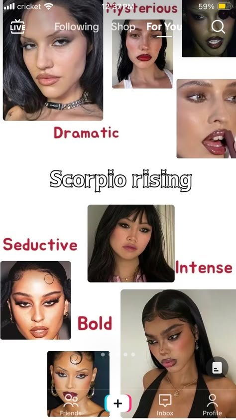 Rising Scorpio Ascendant, Venus Sign Scorpio Style, Scorpio Venus Aesthetic Outfits, Scorpio Makeup Aesthetic, Scorpio Venus Makeup, Scorpio Rising Fashion, Scorpio Rising Outfits, Tasha Aesthetic, Scorpio Rising Makeup