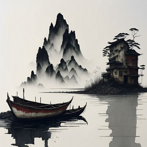 Chinese Art Black And White, Modern Art Aesthetic, Chinese Art Painting, Black White Abstract, Pink Cloud, Chinese Landscape, Row Boat, Pink Clouds, Black And White Abstract