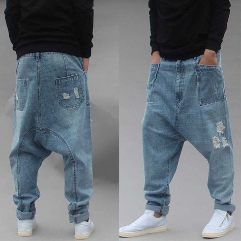 Loose Pants Outfit, Harem Jeans, Ripped Jeans Outfit, Pants Outfit Men, Pants Male, Male Clothes, Hip Hop Jeans, Casual Denim Pants, Baggy Trousers