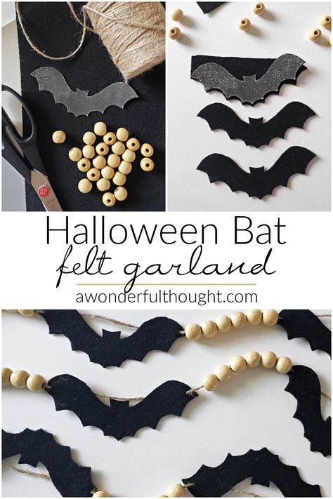 Diy Crafts Halloween Decoration, Diy Halloween Bead Garland, Halloween Bat Garland, Felt Bat Garland, Diy Whimsical Halloween Decor, Garland Halloween Diy, Diy Felt Garland Halloween, Diy Felt Halloween Decorations, Handmade Halloween Decorations Crafts