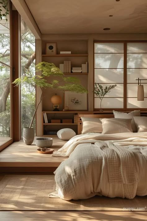 Japandi Bedroom Ideas for a Harmonious Retreat - Puqqu Artistic Bedroom Ideas, Japan Bedroom Aesthetic, Japanies Bed, Earthy Japanese Bedroom, Bedroom Japandi, Modern Bedding, Japanese Home, Japandi Bedroom Budget, Japandi Tatami Bedroom